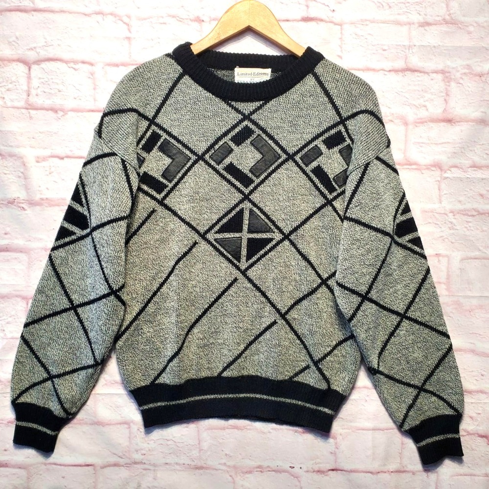 VTG Limited Editions by Expressions Sweater‎ Mens M Gray Geometric Leather Patch